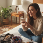 tjej sitter i säng och shoppar visa sin mobil, kläder spridda på sängen