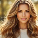 Kvinna i närbild med svallande och glänsande långt hår.